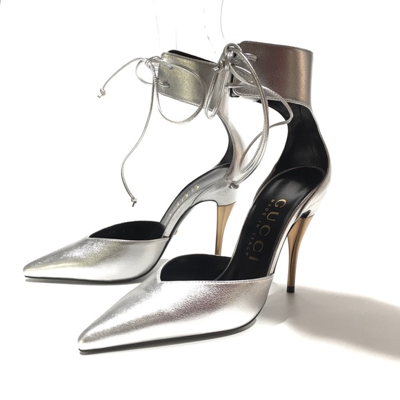 GUCCI ANKLE CUFF PUMPS -SILVER LEATHER / GOLD HEELS -US 7 -NEW - Picture 6 of 13